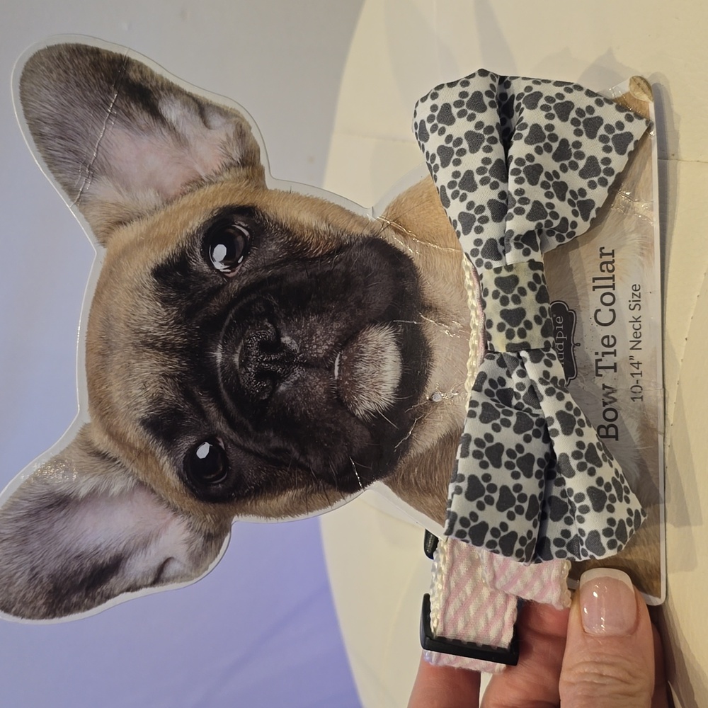Bow Tie Animals DOG collar New GRAY Pink Paw Prints Mud Pie 10 - 14 in neck CUTE - Picture 3 of 4